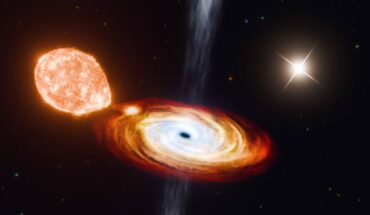 An artist’s impression of V404 Cygni: the central black hole (black dot) is in the process of consuming a nearby star (orange body at left), while a second star (upper white flash) orbits at a much farther distance. Image credit: Jorge Lugo.