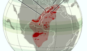 Outcrop area of CAMP rocks in Pangea showing paleolatitudes at CAMP time (201 million years ago) of key localities with the terrestrial end-Triassic extinction including the Newark Basin (NB) in northeastern North America, the Fundy Basin (FB) of Atlantic Canada, and the Central High Atlas (CHA) Basin of Morocco. Image credit: Kent et al., doi: 10.1073/pnas.2415486121.
