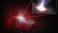 An artist’s impression of the accreting black hole LID-568 in the early Universe. Image credit: NOIRLab / NSF / AURA / J. da Silva / M. Zamani.