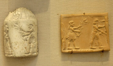 Cylinder seal and sealing impression: the king-priest and his acolyte feeding the sacred herd. Uruk period, ca. 3200 BCE. Image credit: Marie-Lan Nguyen.