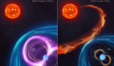 The first panel of this artist’s concept depicts how Uranus’ magnetosphere was behaving before the flyby of NASA’s Voyager 2; the second panel shows an unusual kind of solar weather was happening during the 1986 flyby, giving scientists a skewed view of the magnetosphere. Image credit: NASA / JPL-Caltech.