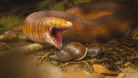 Life reconstruction of Terastiodontosaurus marcelosanchezi ready to prey on a large snail of the family Bulimulidae. Image credit: Jaime Chirinos.