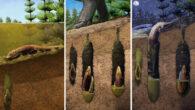 Life reconstruction of Ninumbeehan dookoodukah in a palaeoenvironment reconstruction depicting its life and burrowing across seasons: (left) Ninumbeehan dookoodukah is resting on the edge of a river with a low water table as the wet season ends; (center) a small community of Ninumbeehan dookoodukah are in their estivation burrows at the apex of the arid season; (right) the onset of the humid season brings rain, triggering a mass emergence of Ninumbeehan dookoodukah from their estivation burrows. Some individuals expire before the incoming rains, leaving them to be preserved as fossils. Image credit: Gabriel N. Ugueto.