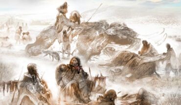 An artist’s reconstruction of Clovis life 13,000 years ago shows the Anzick-1 infant with his mother consuming mammoth meat near a hearth. Another individual crafts tools, including dart projectile points and atlatls. A mammoth butchery area is visible nearby. Image credit: Eric Carlson / Ben Potter / Jim Chatters.