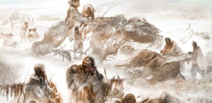 An artist’s reconstruction of Clovis life 13,000 years ago shows the Anzick-1 infant with his mother consuming mammoth meat near a hearth. Another individual crafts tools, including dart projectile points and atlatls. A mammoth butchery area is visible nearby. Image credit: Eric Carlson / Ben Potter / Jim Chatters.