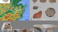 The site locations and artifacts of the Shangshan culture: (A) locations of the Shangshan, Qiaotou, and Xiaohuangshan sites (dots) and the distribution area of the Shangshan culture (red circle); (B) selected pottery sherds analyzed: 1 - cup sherd; 2 - jar sherd; 3 - jar sherd; 4 - rim sherd from sand-tempered cooking pot; 5 - large basin sherd; 6 - base of the ring foot bowl; (C) corresponding complete vessels: 1 - globular jar; 2 - ring foot bowl; 3 - cup; 4 - flat-based jar; 5 - large basin. Image credit: Liu et al., doi: 10.1073/pnas.2412274121.