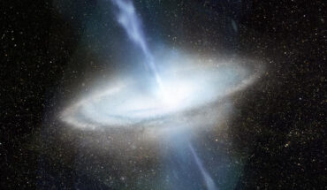 An artist’s concept of Messier 77, featuring its powerful black hole and accretion disk, and never before seen polarization in water masers outside of our Milky Way Galaxy. Image credit: NSF / AUI / NRAO / S. Dagnello.