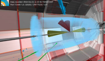 Event display of a candidate event for Higgs boson pair production. Image credit: CERN.