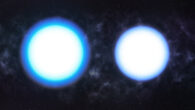 Concept art of two white dwarfs with the same mass but different temperatures; the hotter star (left) is slightly puffier, while the cooler star (right) is more compact. Image credit: Roberto Molar Candanosa / Johns Hopkins University.