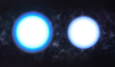 Concept art of two white dwarfs with the same mass but different temperatures; the hotter star (left) is slightly puffier, while the cooler star (right) is more compact. Image credit: Roberto Molar Candanosa / Johns Hopkins University.