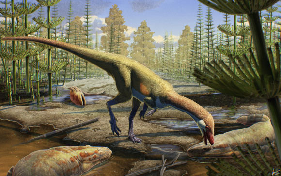 Reconstruction of Ahvaytum bahndooiveche, the oldest known low-latitude dinosaur species globally. Image credit: Gabriel Ugueto.