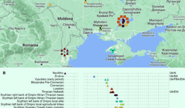 Map of the geographical locations of the ancient individuals in the study and timeline showing the dates of the individuals in archaeological groups. Image credit: Saag et al., doi: 10.1126/sciadv.adr0695.