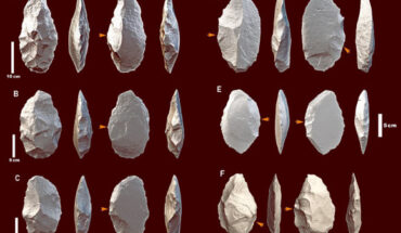 Handaxes made on side-struck flakes (a-c) and Kombewa flakes (d-f) from Melka Wakena, Ethiopia. Image credit: Tegenu Gossa & Erella Hovers, doi: 10.1007/s12520-024-02072-8.