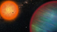 The WASP-132 system contains a hot Jupiter (foreground), an inner super-Earth (transiting in front of the orange host star) and the cold planet WASP-132d. Image credit: Thibaut Roger, Université de Genève.