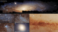 The Andromeda galaxy is seen almost edge-on, tilted by 77 degrees relative to Earth’s view; interesting regions include: (a) clusters of bright blue stars embedded within the galaxy, background galaxies seen much farther away, and photo-bombing by a couple bright foreground stars that are actually inside our Milky Way; (b) NGC 206 is the most conspicuous star cloud in Andromeda; (c) a young cluster of blue newborn stars; (d) the satellite galaxy M32, that may be the residual core of a galaxy that once collided with the Andromeda galaxy; (e) dark dust lanes across myriad stars. Image credit: NASA / ESA / B. Williams, University of Washington.