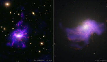 These images show two of the galaxy clusters in the study, the Perseus Cluster and the Centaurus Cluster. Chandra data represented in blue reveal X-rays from filaments of hot gas, and VLT data show cooler filaments in red. Image credit: NASA / CXC / SAO / Olivares et al. / DSS / CFHT / SITELLE / ESA / STScI / ESO / VLT / MUSE / N. Wolk.