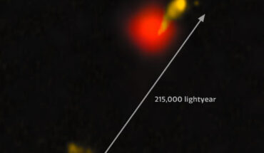 The J1601+3102 radio jet. Image credit: LOFAR / DECaLS / DESI Legacy Imaging Surveys / LBNL / DOE / CTIO / NOIRLab / NSF / AURA / F. Sweijen, Durham University / M. Zamani, NSF NOIRLab.