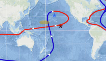 Koll et al. report on the discovery of an anomaly in the beryllium-10 concentration profiles of several deep-ocean ferromanganese crusts (stars) from the Central and Northern Pacific during the Late Miocene. The major bottom (blue line) and surface (red line) ocean currents of the thermohaline circulation are indicated. Image credit: Koll et al., doi: 10.1038/s41467-024-55662-4.