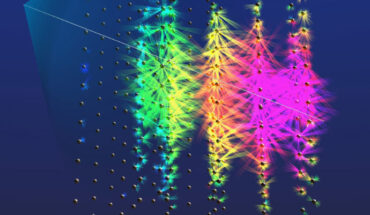 Visual impression of the ultra-high energy neutrino event observed in KM3NeT/ARCA. Image credit: KM3NeT.