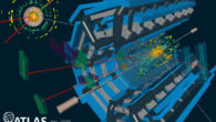 A three-vector-boson event recorded by ATLAS, with one W boson decaying to an electron and a neutrino, one W boson decaying to a muon and a neutrino, and a Z boson decaying to two muons; muons are shown by red lines, the electron by a green line, and ‘missing energy’ from the neutrino by a dashed white line. Image credit: ATLAS / CERN.