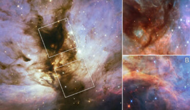 This collage of images from the Flame Nebula shows a near-infrared light view from Hubble on the left, while the two insets at the right show the near-infrared view taken by Webb. Image credit: NASA / ESA / CSA / M. Meyer, University of Michigan / A. Pagan, STScI.