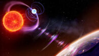 Artistic illustration showing the radio pulses emitted by the binary star system: a white dwarf in orbit around a red dwarf. Image credit: Daniëlle Futselaar / artsource.nl.