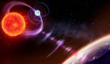 Artistic illustration showing the radio pulses emitted by the binary star system: a white dwarf in orbit around a red dwarf. Image credit: Daniëlle Futselaar / artsource.nl.