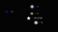 This Webb/NIRCam image shows the multi-planet system HR 8799. Image credit: NASA / ESA / CSA / STScI / W. Balmer, JHU / L. Pueyo, STScI / M. Perrin, STScI.