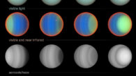 The image columns show the change of Uranus for the four years that Hubble’s STIS instrument observed Uranus across a 20-year period. Over that span of time, astronomers watched the seasons of Uranus as the south polar region (left) darkened going into winter shadow while the north polar region (right) brightened as it began to come into a more direct view as northern summer approaches. The top row, in visible light, shows how the color of Uranus appears to the human eye as seen through even an amateur telescope. In the second row, the false-color image of the planet is assembled from visible and near-infrared light observations. The color and brightness correspond to the amounts of methane and aerosols. Both of these quantities could not be distinguished before STIS was first aimed at Uranus in 2002. Generally, green areas indicate less methane than blue areas, and red areas show no methane. The red areas are at the limb, where the stratosphere of Uranus is almost completely devoid of methane. The two bottom rows show the latitude structure of aerosols and methane inferred from 1,000 different wavelengths (colors) from visible to near infrared. In the third row, bright areas indicate cloudier conditions, while the dark areas represent clearer conditions. In the fourth row, bright areas indicate depleted methane, while dark areas show the full amount of methane. At middle and low latitudes, aerosols and methane depletion have their own latitudinal structure that mostly did not change much over the two decades of observation. However, in the polar regions, aerosols and methane depletion behave very differently. In the third row, the aerosols near the north pole display a dramatic increase, showing up as very dark during early northern spring, turning very bright in recent years. Aerosols also seem to disappear at the left limb as the solar radiation disappeared. This is evidence that solar radiation changes the aerosol haze in the atmosphere of Uranus. On the other hand, methane depletion seems to stay quite high in both polar regions throughout the observing period. Image credit: NASA / ESA / Erich Karkoschka, LPL.