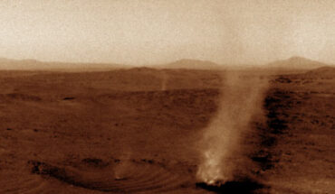 Three dust devils can be seen in this image taken at the rim of Jezero Crater by NASA’s Perseverance Mars rover on January 25, 2025. Image credit: NASA / JPL-Caltech / SSI.