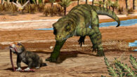 Some 215 million years ago in what is now northwestern Argentina, the terrestrial crocodylomorph Hemiprotosuchus leali prepares to devour the early mammal relative Chaliminia musteloides. Image credit: Jorge Gonzalez.