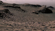 Curiosity sees its tracks receding into the distance at a site nicknamed Ubajara on April 30, 2023; this site is where the rover made the discovery of siderite. Image credit: NASA / JPL-Caltech / MSSS.