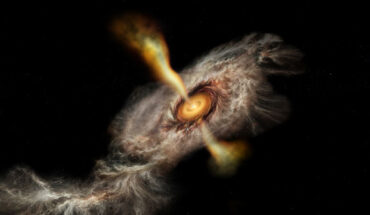 Ammonia gas infalling into an accretion disk feeding the protostar HW2. Image credit: NSF / AUI / NSF / NRAO / B. Saxton.