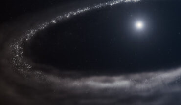 An artist’s impression of a debris disk around the Sun-like star HD 181327. Image credit: NASA / ESA / CSA / STScI / Ralf Crawford, STScI.