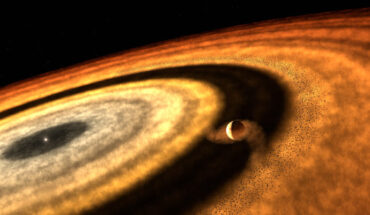 This artistic impression depicts the stage at which WASP-121b accumulated most of its gas, as inferred from the latest results. Image credit: T. Müller, MPIA & HdA.