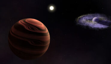 An artist’s rendition of the YSES-1 system consisting of the Sun-like star in the center, YSES-1b and its dusty circumplanetary disk (right), and YSES-1c with silicate clouds in its atmosphere (left). Image credit: Ellis Bogat.