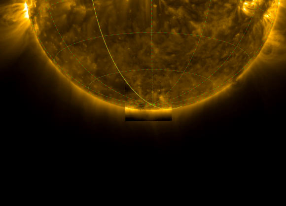 Photograph of the bottom half of the Sun, with a highlighted square region around the Sun’s south pole. Taken in ultraviolet light, the image shows the hot gas in the Sun’s outer atmosphere, the corona, glowing yellow as it extends outwards in threads and loops from the Sun. Image credit: ESA / NASA / Solar Orbiter / EUI Team / D. Berghmans, ROB.