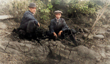 Excavation of Fernatator prenticei’s skeleton. Note that the rostrum is incomplete, although it preserves an additional portion that has since been lost. T. Prentice at right, W. R. Wilson, general manager of the C.N.P. Coal Company, at left. Photo taken circa 1916, Elk River, between Morrissey and Fernie, British Columbia. Photographer unknown. Image credit: Massare et al.