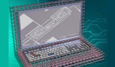 This conceptual illustration of a computer based on 2D molecules displays an actual scanning electron microscope image of the computer fabricated by Ghosh et al. Image credit: Krishnendu Mukhopadhyay / Penn State.