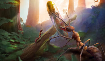 Ecological reconstruction of Cretaceous insects and insect-pathogenic fungi. An ant is discarding an infected pupa, and an infected fly is located on a distant tree trunk. Image credit: Zhuang et al., doi: 10.1098/rspb.2025.0407.