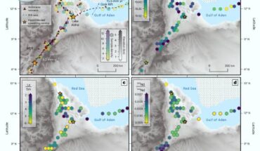 Variation in geochemical and geophysical properties around the Afar Triangle. Image credit: Watts et al., doi: 10.1038/s41561-025-01717-0.