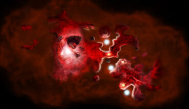 This artist’s impression of the formation of a galaxy in the early Universe featuring clumps of star-forming galaxies, with carbon gas shown in red, and dark dust shown in black. This process is documented in detail throughout the many galaxies observed in ALMA’s CRISTAL survey. Image credit: NSF / AUI / NRAO / B. Saxton.