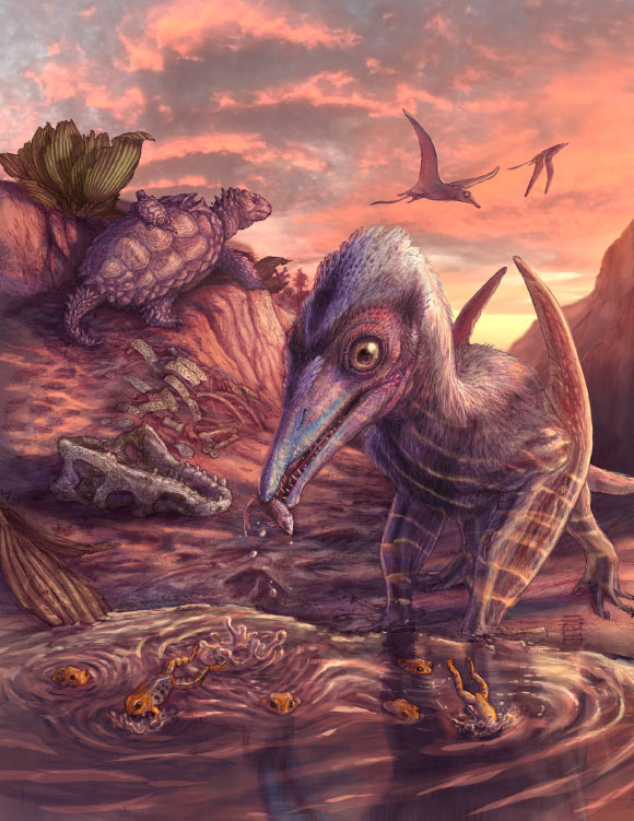 An artist’s reconstruction of Eotephradactylus mcintireae, other animals, and plants found preserved in a remote bonebed in Petrified Forest National Park in Arizona, the United States. Image credit: Brian Engh.