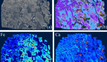 Image of the entire NWA 16254 sample studied by Chen et al.: (a) a backscattered electron (BSE) image obtained by the TESCAN Integrated Mineral Analyzer (TIMA); (b) mineralogical mapping via TIMA; (c) distribution map of the iron content obtained via TIMA; (d) distribution map of the calcium content obtained via TIMA. Image credit: Chen et al., doi: 10.15302/planet.2025.25002.