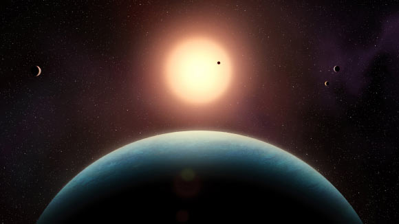 An artist’s impression of the L 98-59 planetary system; in the foreground is the habitable-zone super-Earth L 98-59f. Image credit: Benoît Gougeon / UdeM.