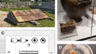 Paestum honey: (A) underground shrine in Paestum, Italy; (B) one of the hydrias on display alongside a Perspex box containing the residue at the Ashmolean Museum in 2019; (C) graphic representation of the arrangement of the bronze jars inside the shrine; (D) sample from the core of the residue. Image credit: da Costa Carvalho et al., doi: 10.1021/jacs.5c04888.