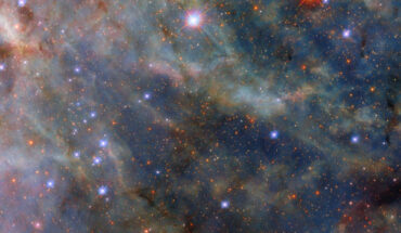 This Hubble image shows part of the Tarantula Nebula, a star-forming region some 163,000 light-years away in the constellation of Dorado. The color image is a composite of separate exposures acquired by Hubble’s Wide Field Camera 3 (WFC3) instrument in the ultraviolet, near-infrared, and optical parts of the spectrum. It is based on data obtained through four filters. The color results from assigning different hues to each monochromatic image associated with an individual filter. Image credit: NASA / ESA / Hubble / C. Murray.