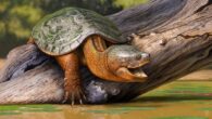 A reconstruction of Tavachelydra stevensoni basking on a log in a ponded water environment. Image credit: Andrey Atuchin.
