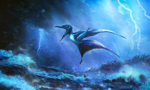 An artist’s impression of a tiny Pterodactylus antiquus hatchling struggling against a raging tropical storm, inspired by fossil discoveries. Image credit: Rudolf Hima.