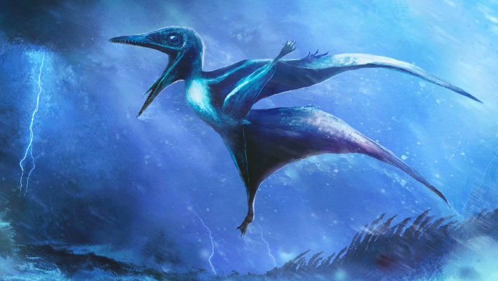 An artist’s impression of a tiny Pterodactylus antiquus hatchling struggling against a raging tropical storm, inspired by fossil discoveries. Image credit: Rudolf Hima.